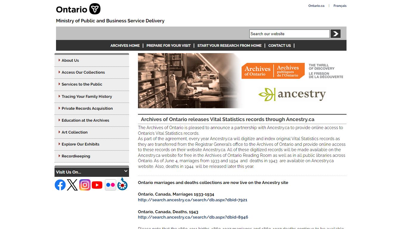 Archives of Ontario releases Vital Statistics records through Ancestry.ca